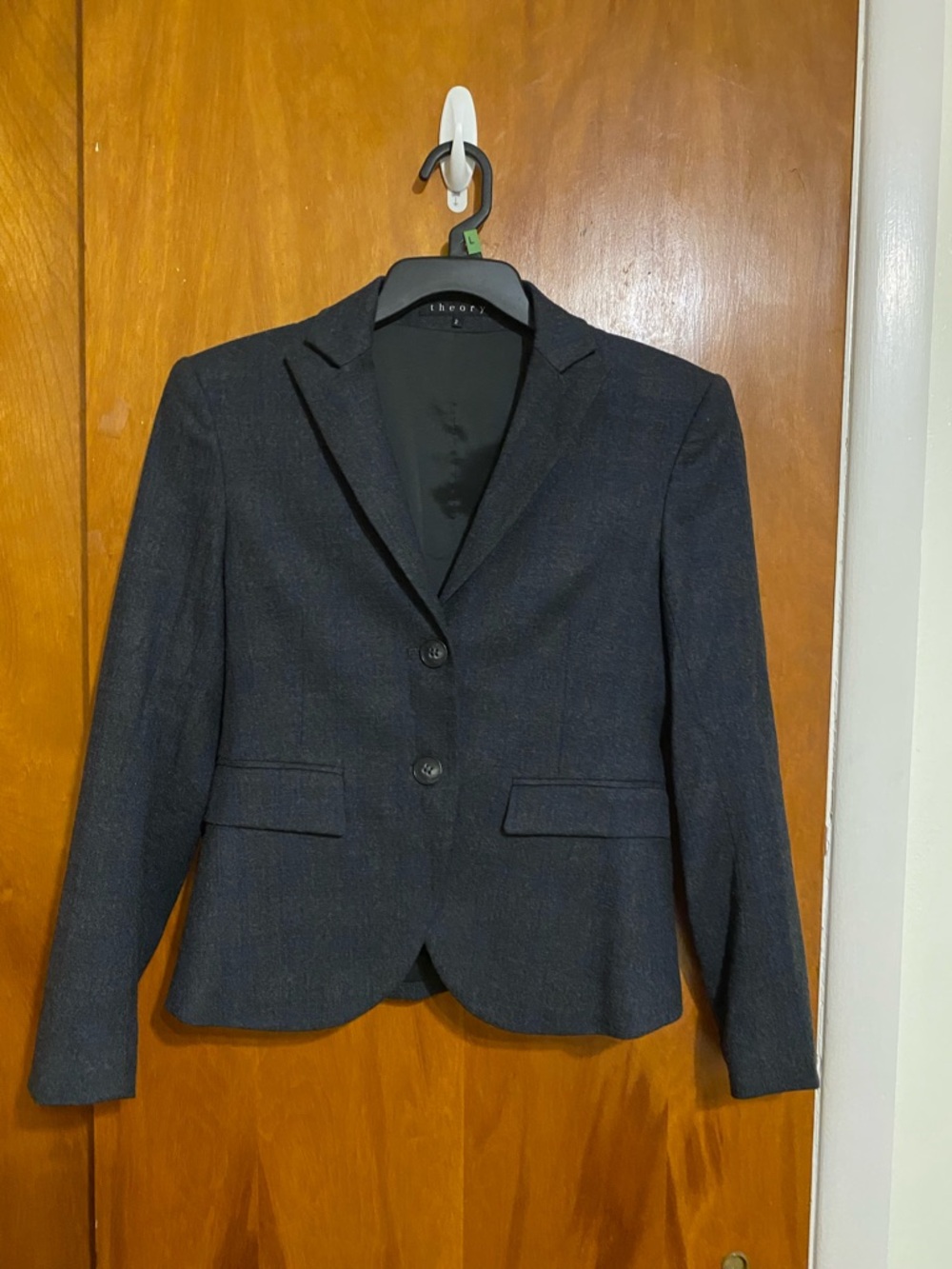 Theory Women Two-Button Steel Grey Classic Tailored Blazer with Back Dbl Splits